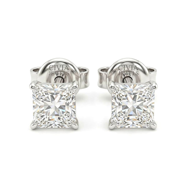 White Gold Princess Cut Diamond Stud Earrings With Four Prong Setting