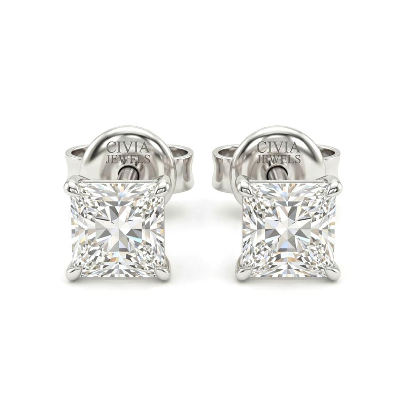 White Gold Princess Cut Diamond Stud Earrings With Four Prong Setting