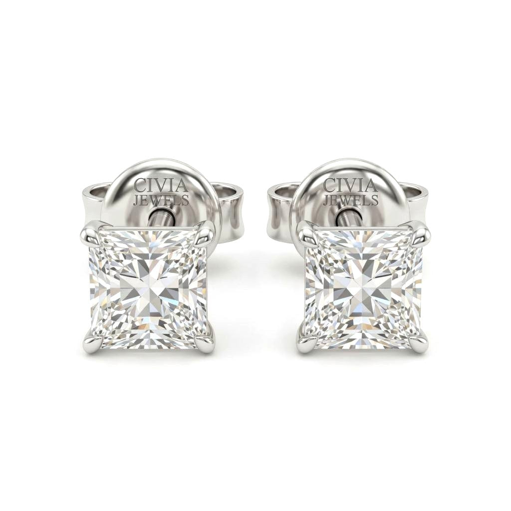 White Gold Princess Cut Diamond Stud Earrings With Four Prong Setting