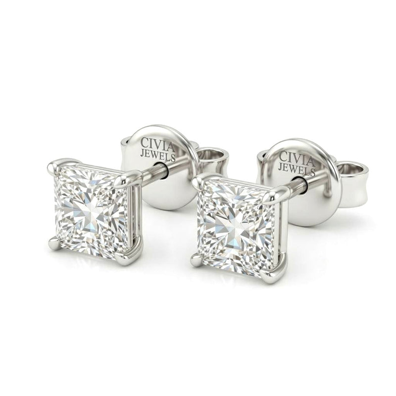 White Gold Princess Cut Diamond Stud Earrings With Four Prong Setting