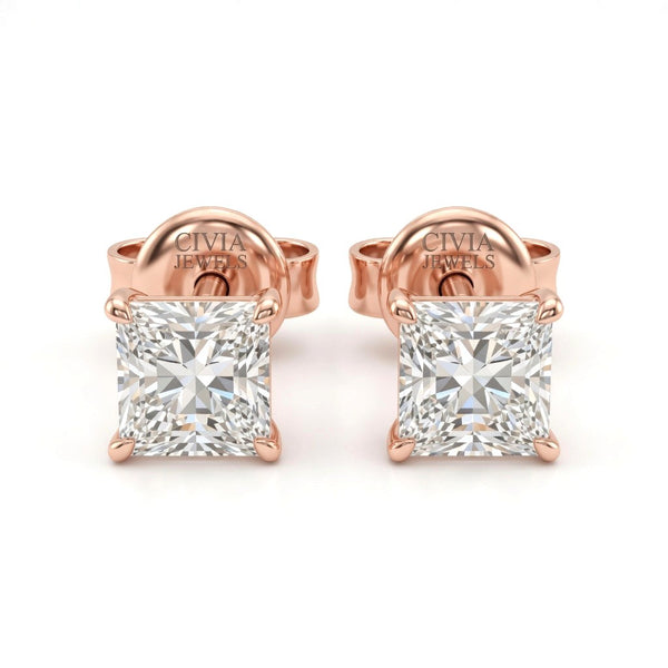 Rose Gold Princess Cut Diamond Stud Earrings With Four Prong Setting