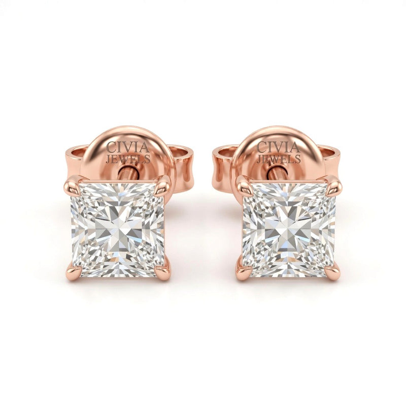 Rose Gold Princess Cut Diamond Stud Earrings With Four Prong Setting