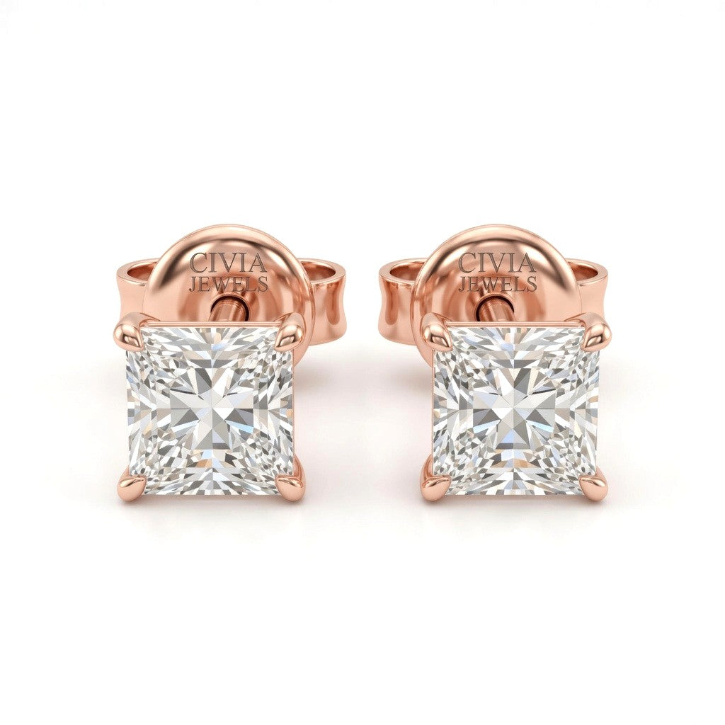 Rose Gold Princess Cut Diamond Stud Earrings With Four Prong Setting