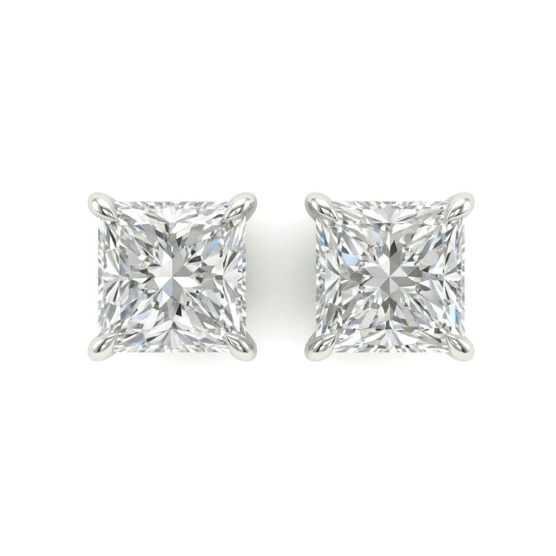 White Gold Princess Cut Diamond Stud Earrings With Four Prong Setting