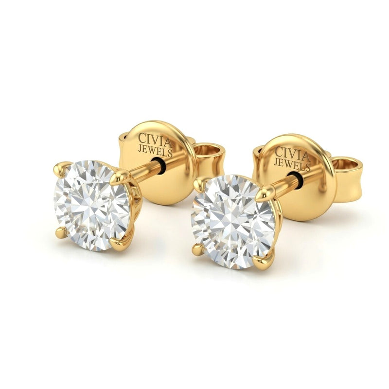 Yellow Gold Round Cut Diamond Stud Earrings With Four Prong Setting