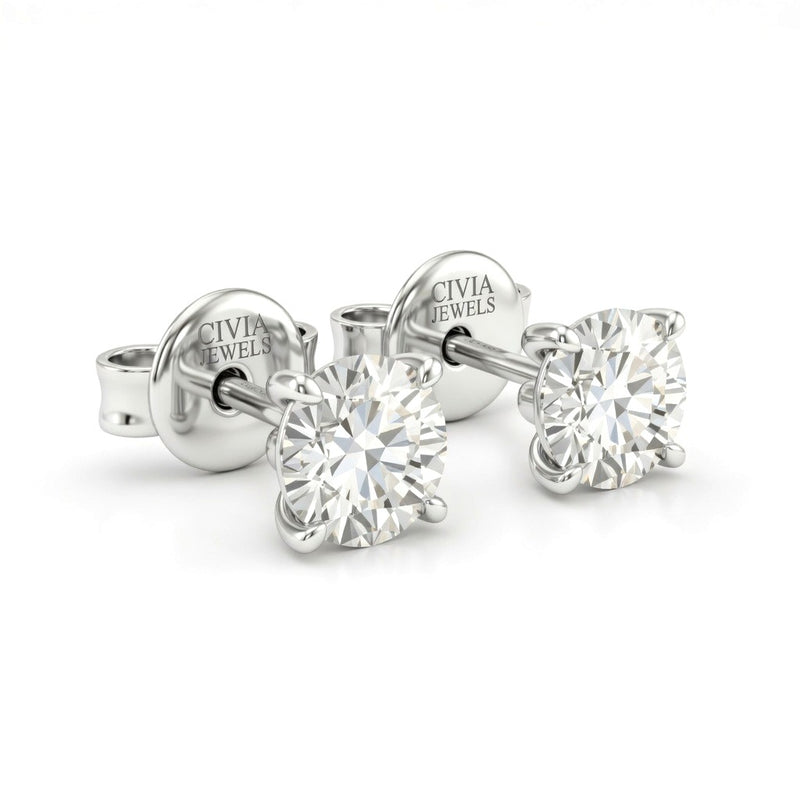 White Gold Round Cut Diamond Stud Earrings With Four Prong Setting
