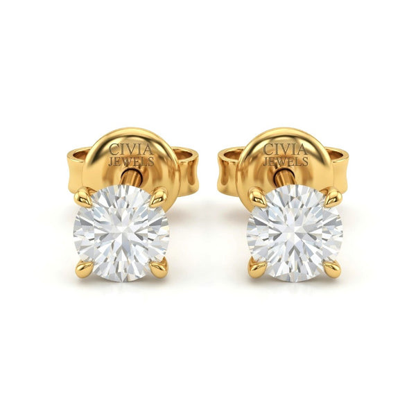 Yellow Gold Round Cut Diamond Stud Earrings With Four Prong Setting