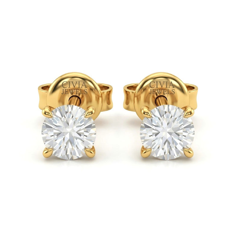 Yellow Gold Round Cut Diamond Stud Earrings With Four Prong Setting