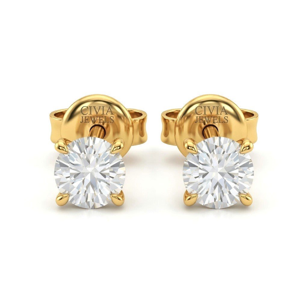 Yellow Gold Round Cut Diamond Stud Earrings With Four Prong Setting