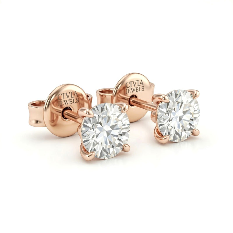Rose Gold Round Cut Diamond Stud Earrings With Four Prong Setting