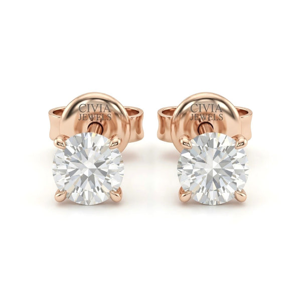 Rose Gold Round Cut Diamond Stud Earrings With Four Prong Setting