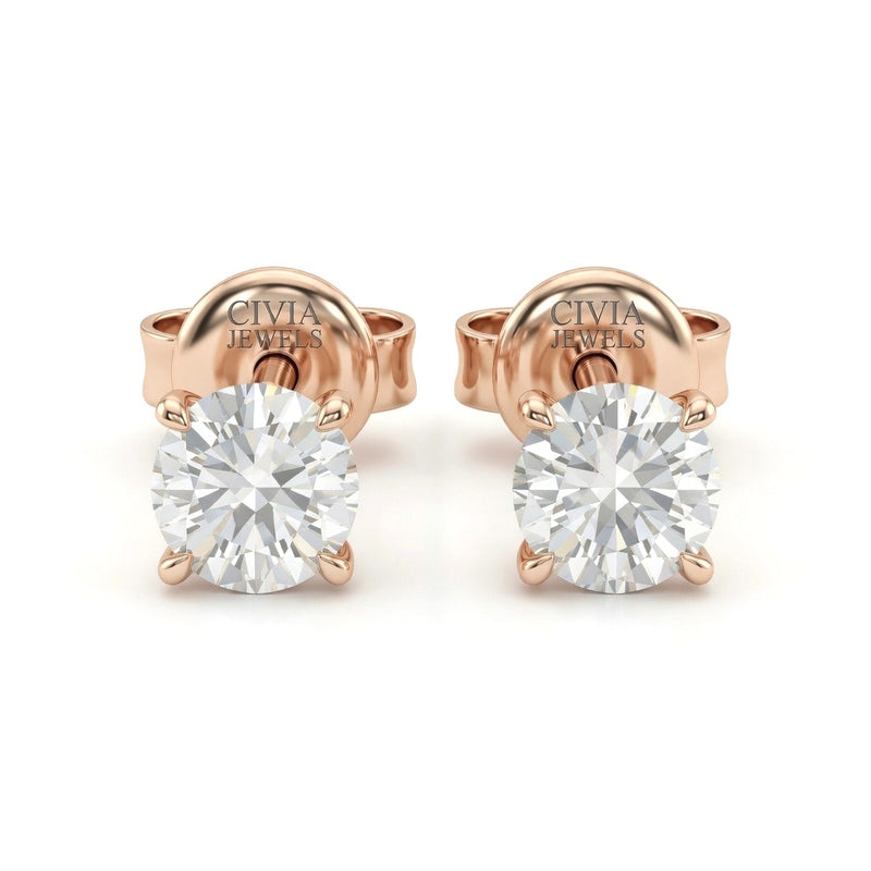 Rose Gold Round Cut Diamond Stud Earrings With Four Prong Setting