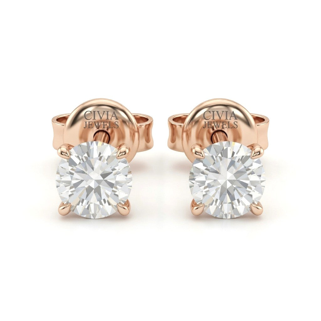 Rose Gold Round Cut Diamond Stud Earrings With Four Prong Setting
