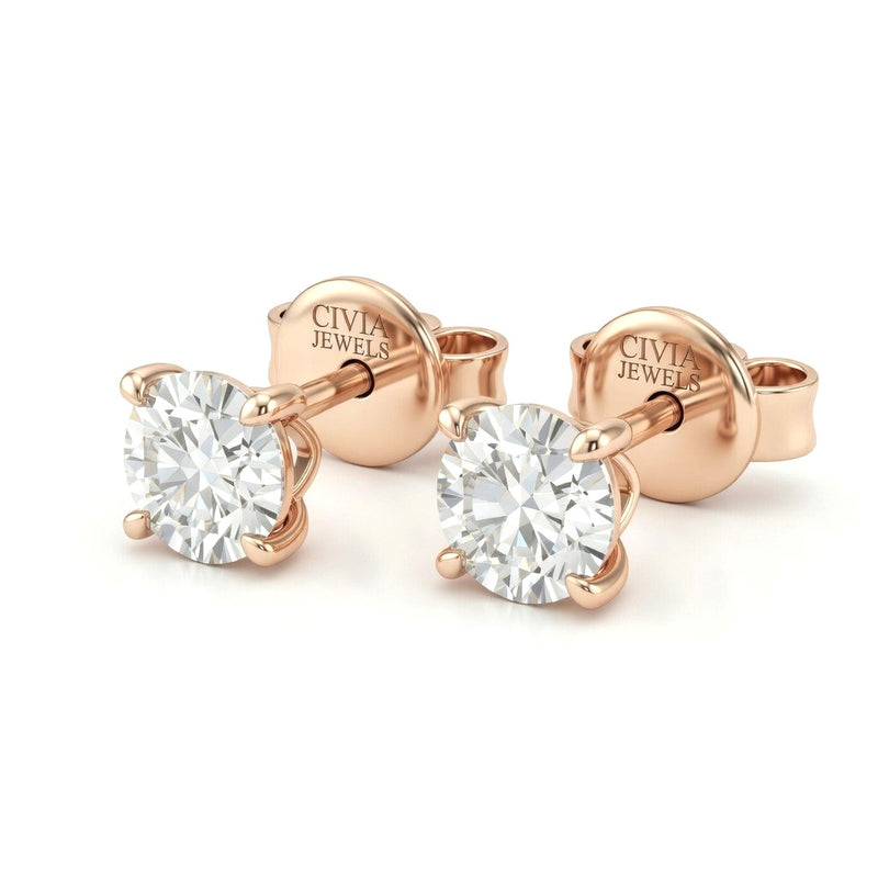 Rose Gold Round Cut Diamond Stud Earrings With Four Prong Setting