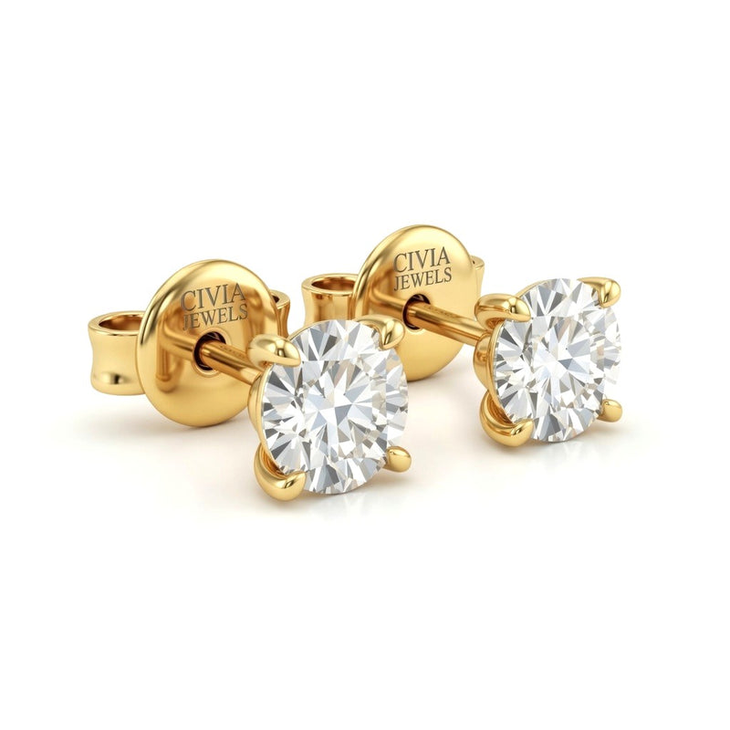 Yellow Gold Round Cut Diamond Stud Earrings With Four Prong Setting