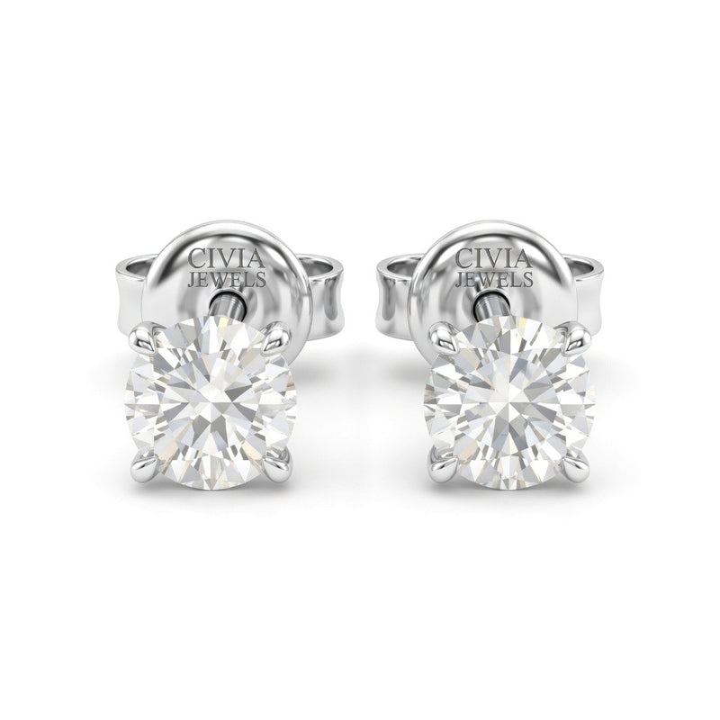 White Gold Round Cut Diamond Stud Earrings With Four Prong Setting