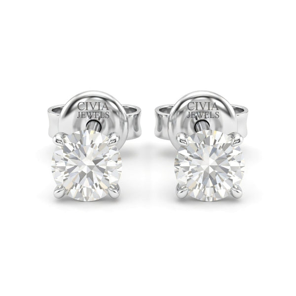 Silver Round Cut Diamond Stud Earrings With Four Prong Setting