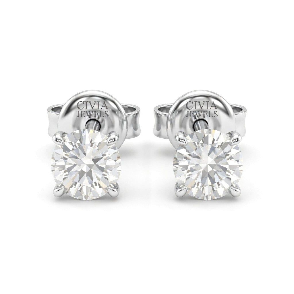 White Gold Round Cut Diamond Stud Earrings With Four Prong Setting