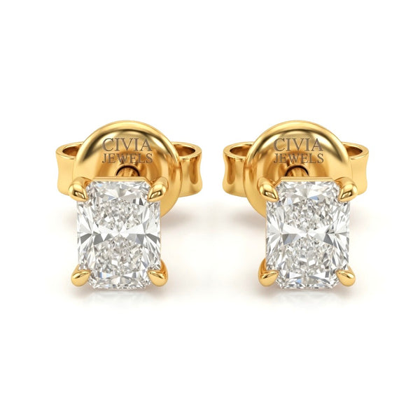 Yellow Gold Radiant Cut Diamond Stud Earrings With Four Prong Setting