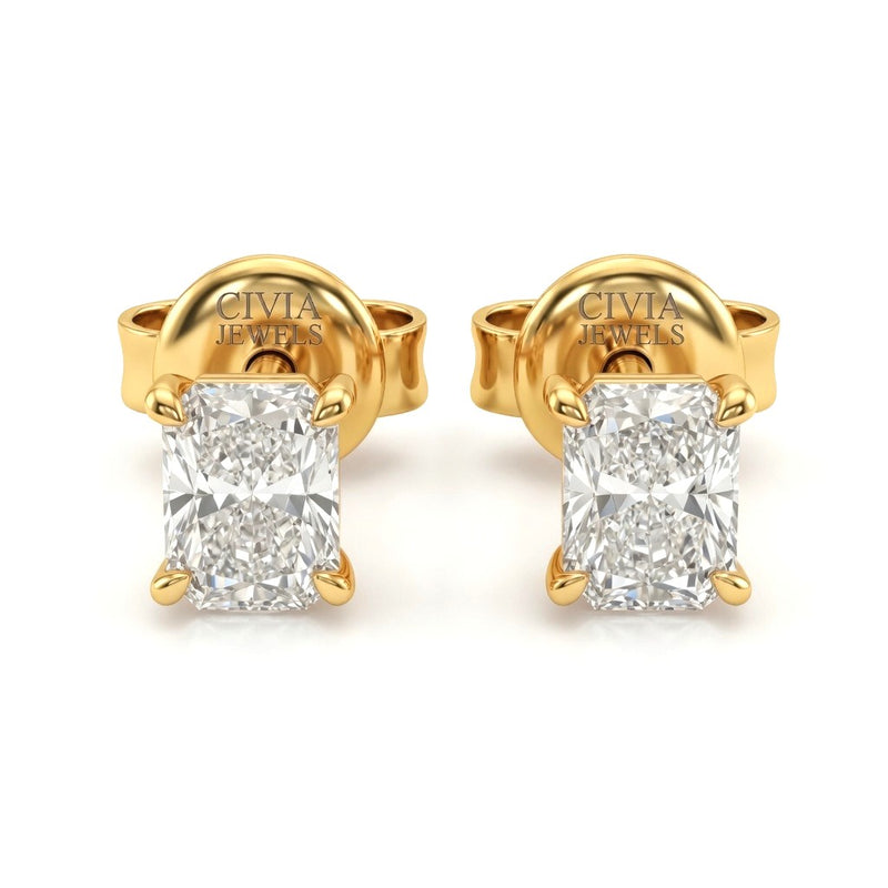 Yellow Gold Radiant Cut Diamond Stud Earrings With Four Prong Setting