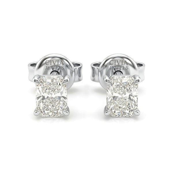 White Gold Radiant Cut Diamond Stud Earrings With Four Prong Setting