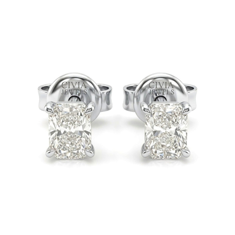 White Gold Radiant Cut Diamond Stud Earrings With Four Prong Setting