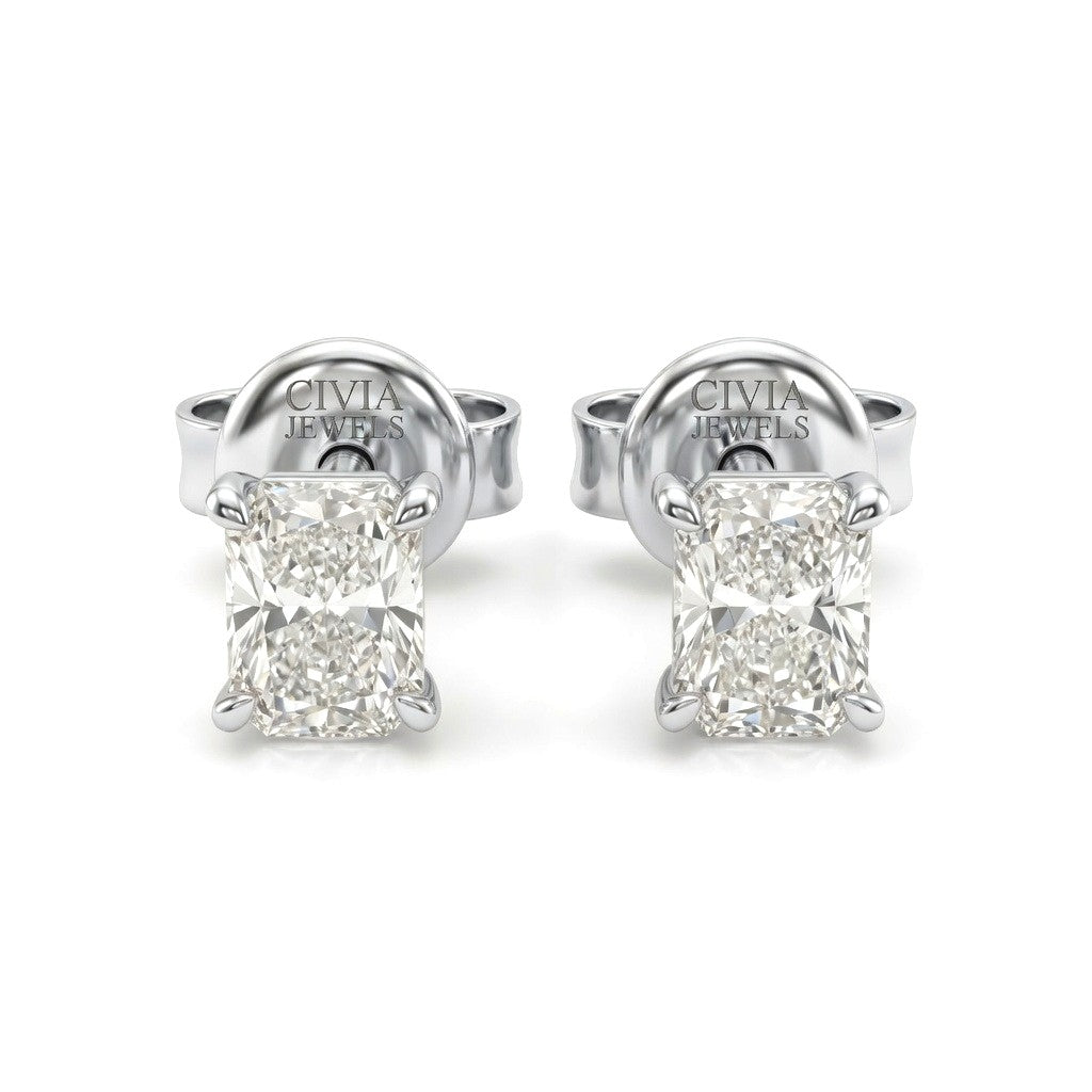 White Gold Radiant Cut Diamond Stud Earrings With Four Prong Setting