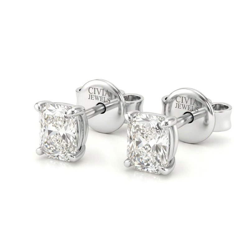 White Gold Radiant Cut Diamond Stud Earrings With Four Prong Setting
