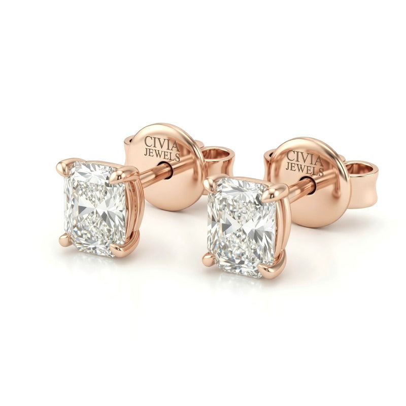 Rose Gold Radiant Cut Diamond Stud Earrings With Four Prong Setting