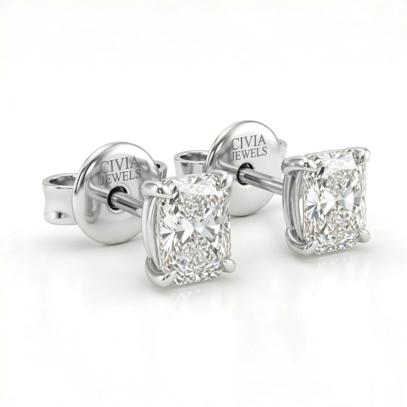 White Gold Radiant Cut Diamond Stud Earrings With Four Prong Setting