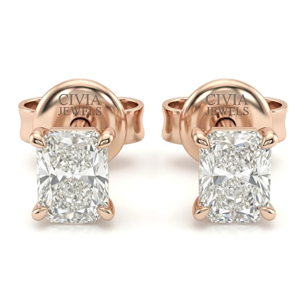 Rose Gold Radiant Cut Diamond Stud Earrings With Four Prong Setting