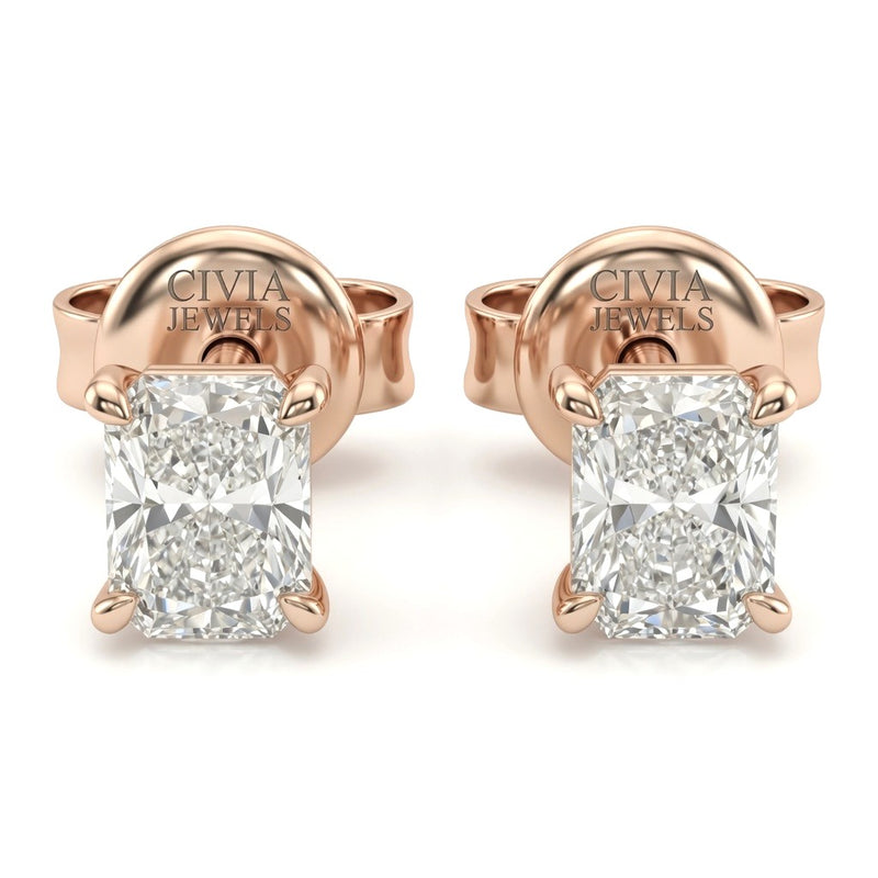 Rose Gold Radiant Cut Diamond Stud Earrings With Four Prong Setting