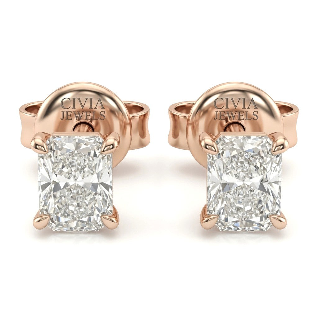 Rose Gold Radiant Cut Diamond Stud Earrings With Four Prong Setting