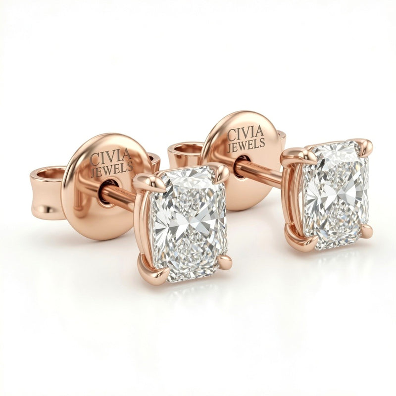 Rose Gold Radiant Cut Diamond Stud Earrings With Four Prong Setting