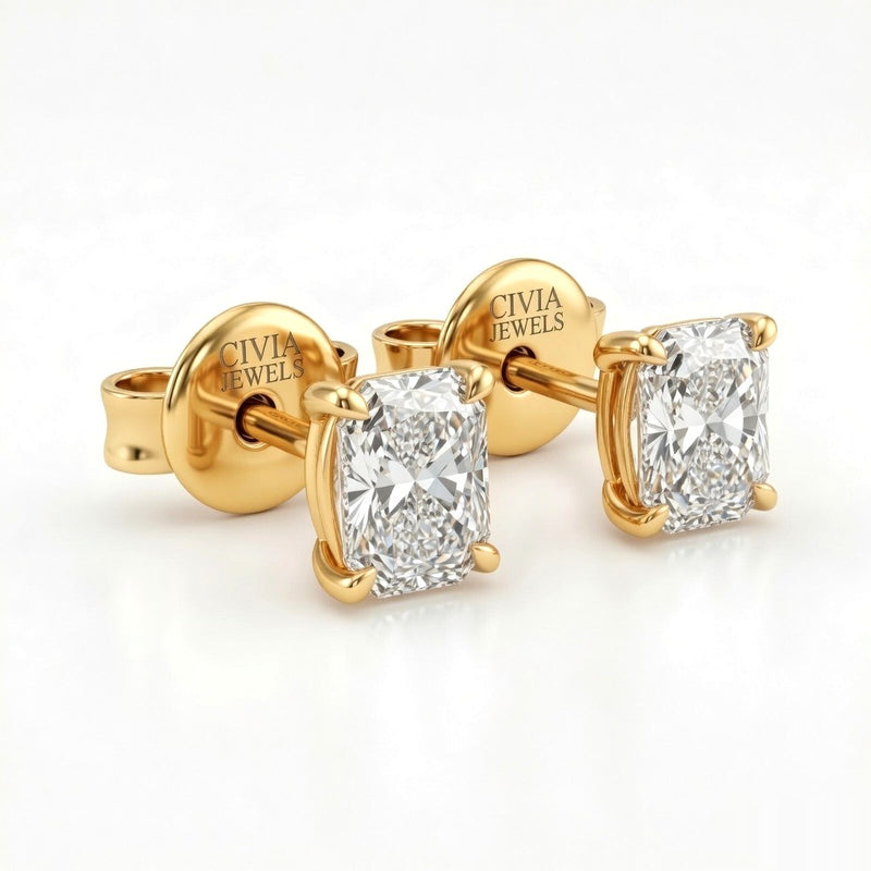 Yellow Gold Radiant Cut Diamond Stud Earrings With Four Prong Setting