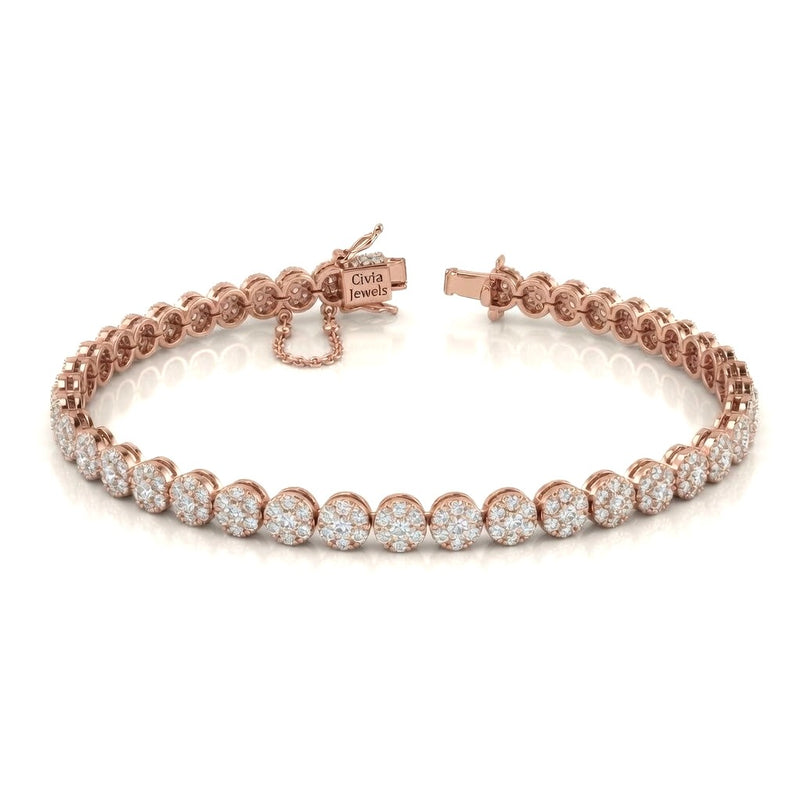 Rose Gold Auravexa Diamond Tennis Bracelet With Round Cluster Link Design And Box Clasp Closure
