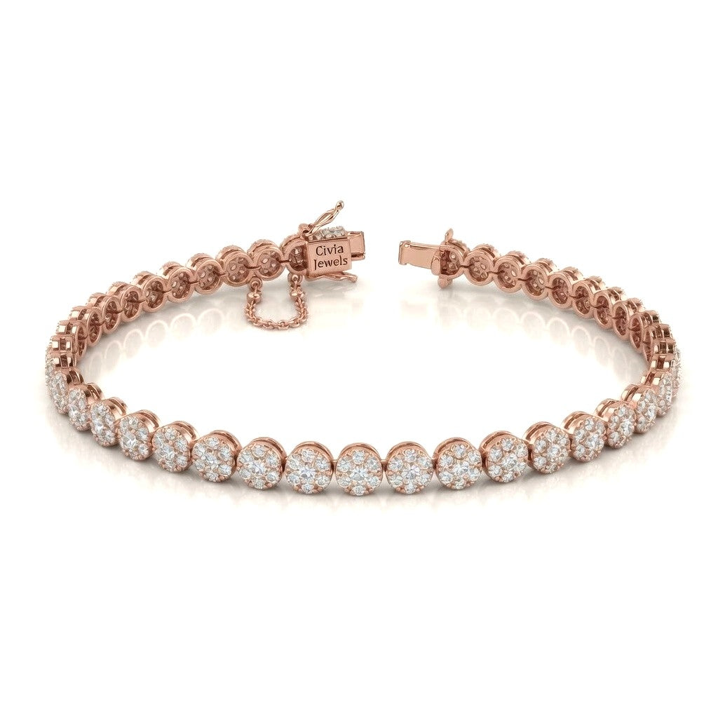 Rose Gold Auravexa Diamond Tennis Bracelet With Round Cluster Link Design And Box Clasp Closure