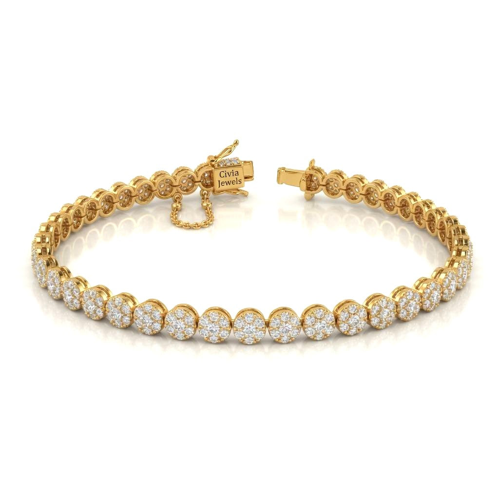 Yellow Gold Auravexa Diamond Tennis Bracelet With Round Cluster Link Design And Box Clasp Closure