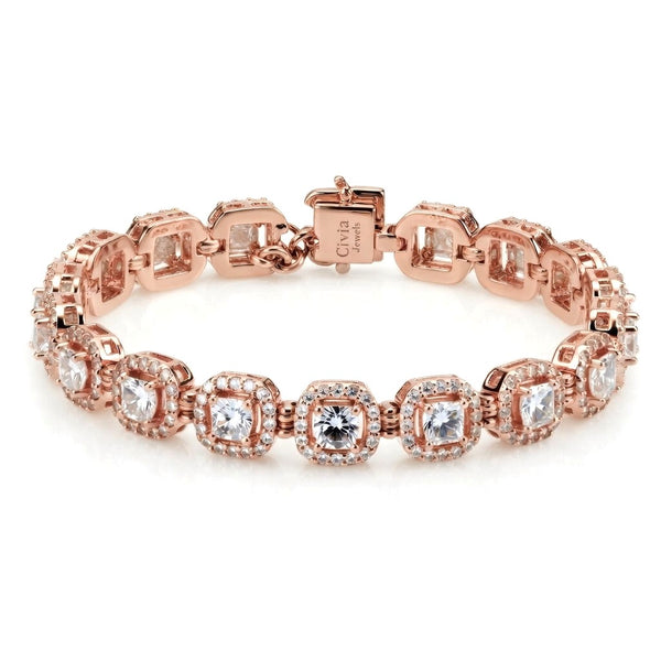 Rose Gold Velorique Diamond Tennis Bracelet With Cushion Halo Link Design And Box Clasp Closure