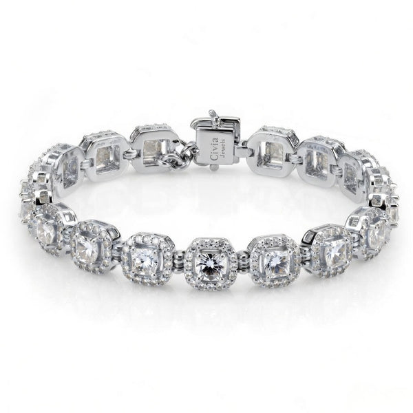 White Gold Velorique Diamond Tennis Bracelet With Cushion Halo Link Design And Box Clasp Closure