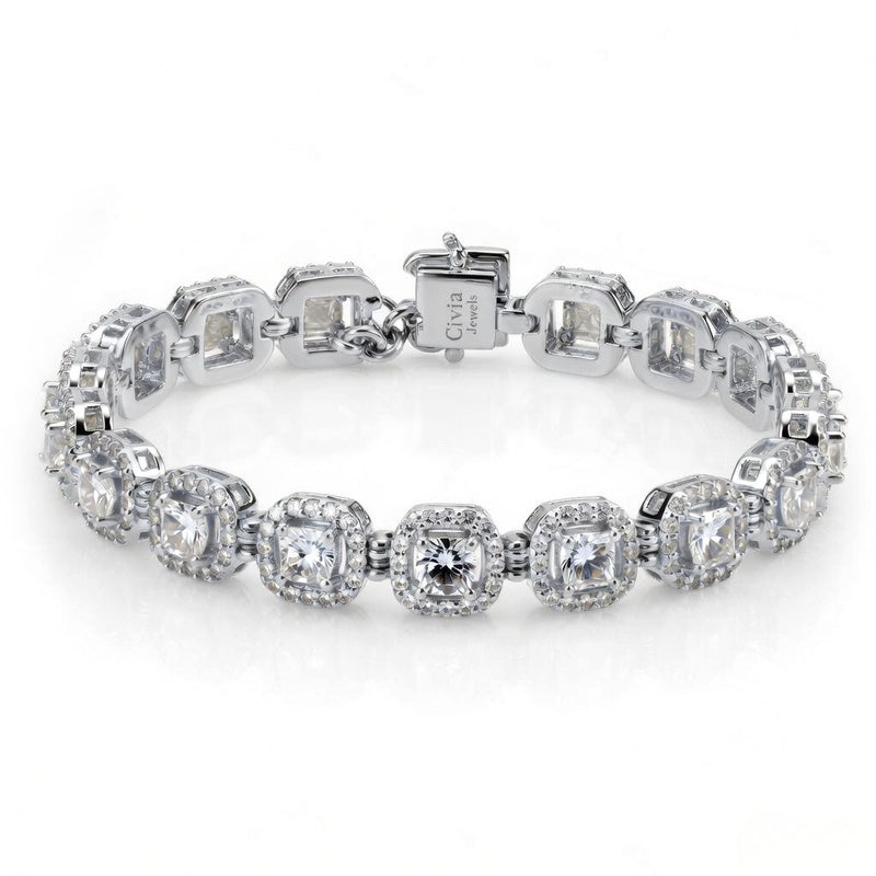 White Gold Velorique Diamond Tennis Bracelet With Cushion Halo Link Design And Box Clasp Closure