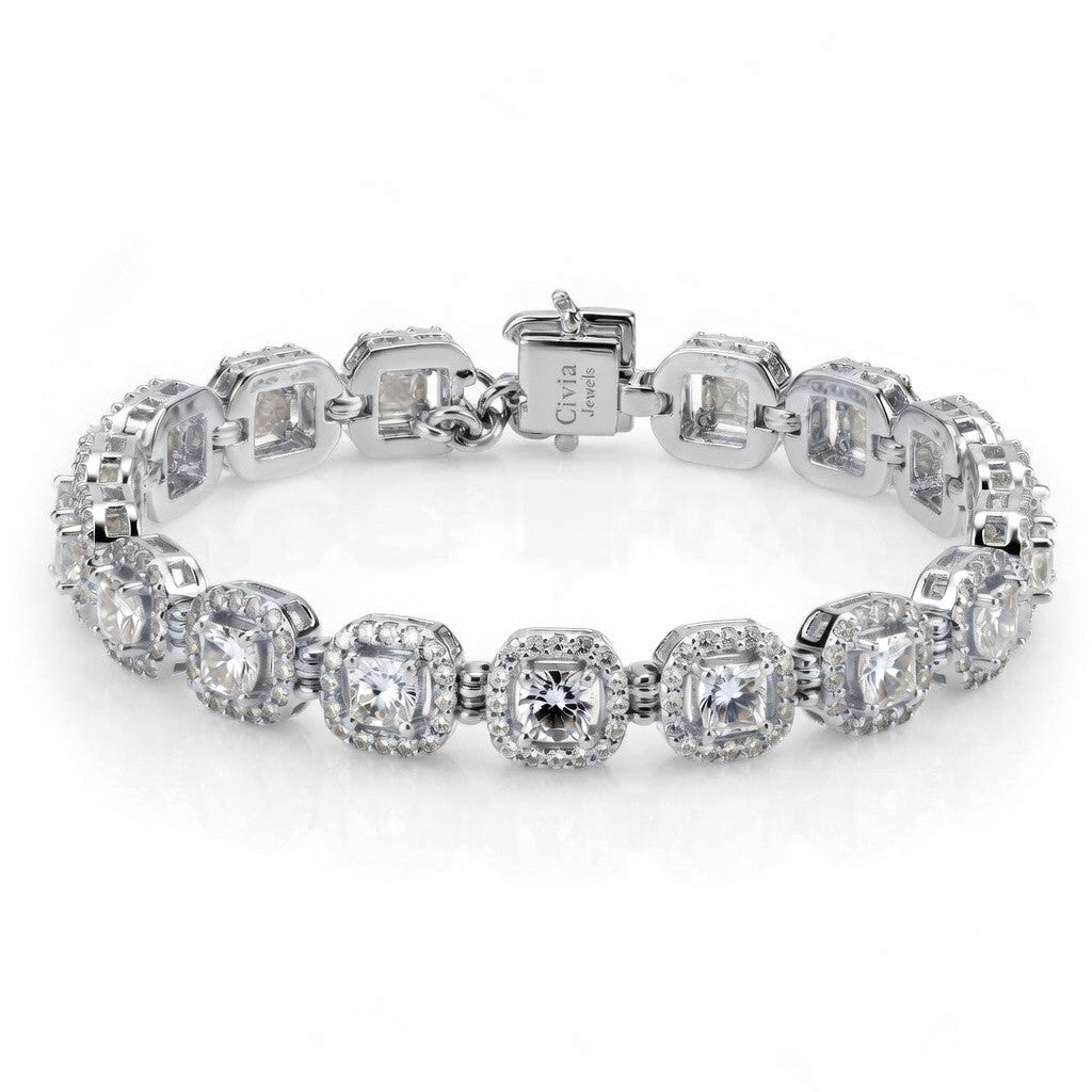 White Gold Velorique Diamond Tennis Bracelet With Cushion Halo Link Design And Box Clasp Closure