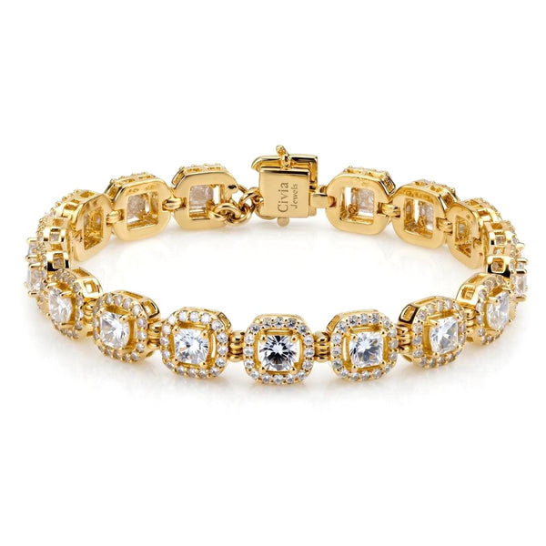 Yellow Gold Velorique Diamond Tennis Bracelet With Cushion Halo Link Design And Box Clasp Closure