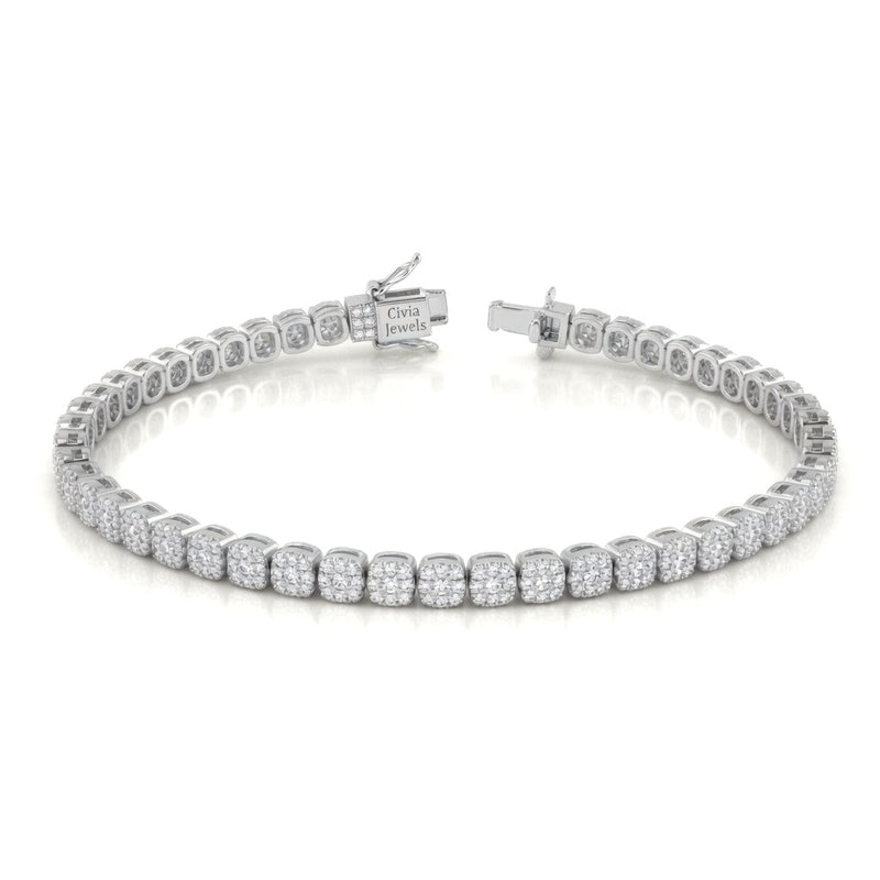 White Gold Auricelle Diamond Tennis Bracelet With Cushion Cluster Link Design And Box Clasp Closure