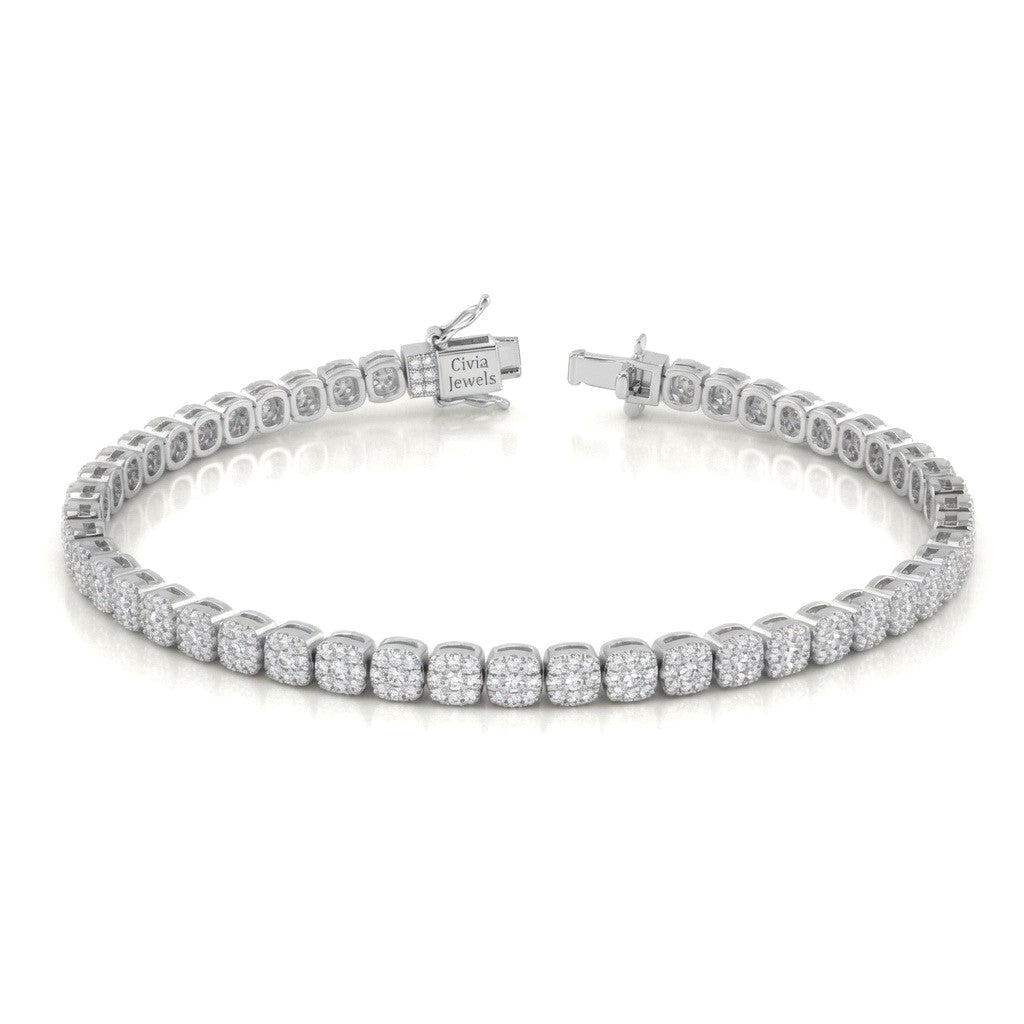 White Gold Auricelle Diamond Tennis Bracelet With Cushion Cluster Link Design And Box Clasp Closure