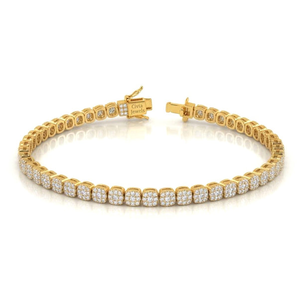 Yellow Gold Auricelle Diamond Tennis Bracelet With Cushion Cluster Link Design And Box Clasp Closure