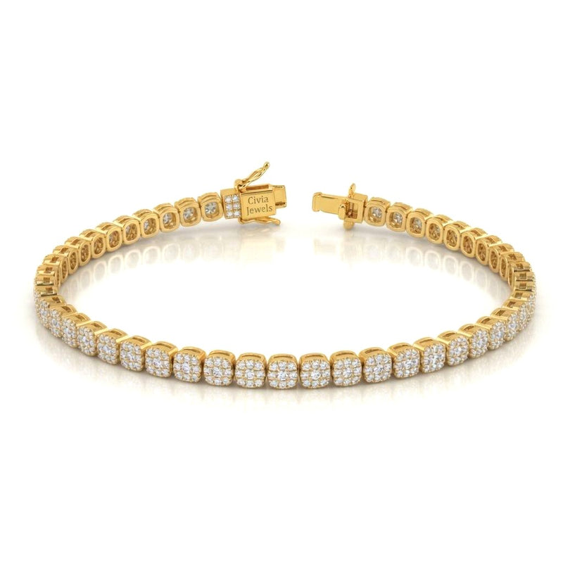 Yellow Gold Auricelle Diamond Tennis Bracelet With Cushion Cluster Link Design And Box Clasp Closure