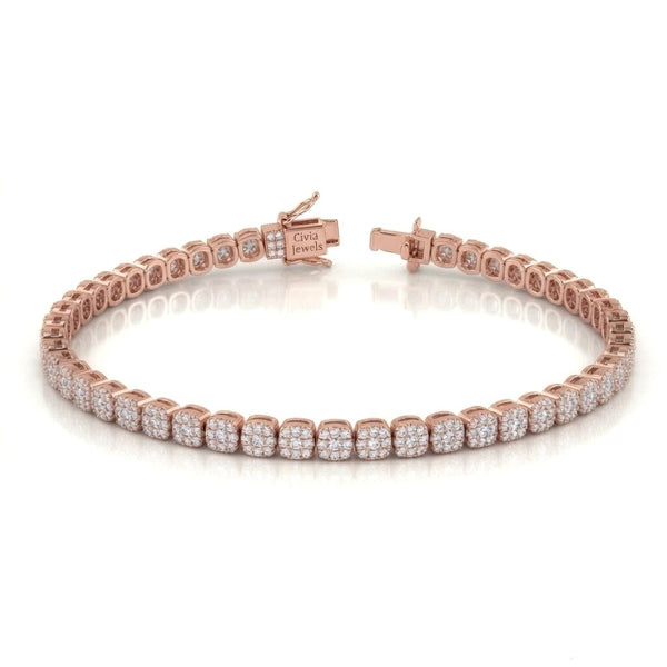 Rose Gold Auricelle Diamond Tennis Bracelet With Cushion Cluster Link Design And Box Clasp Closure