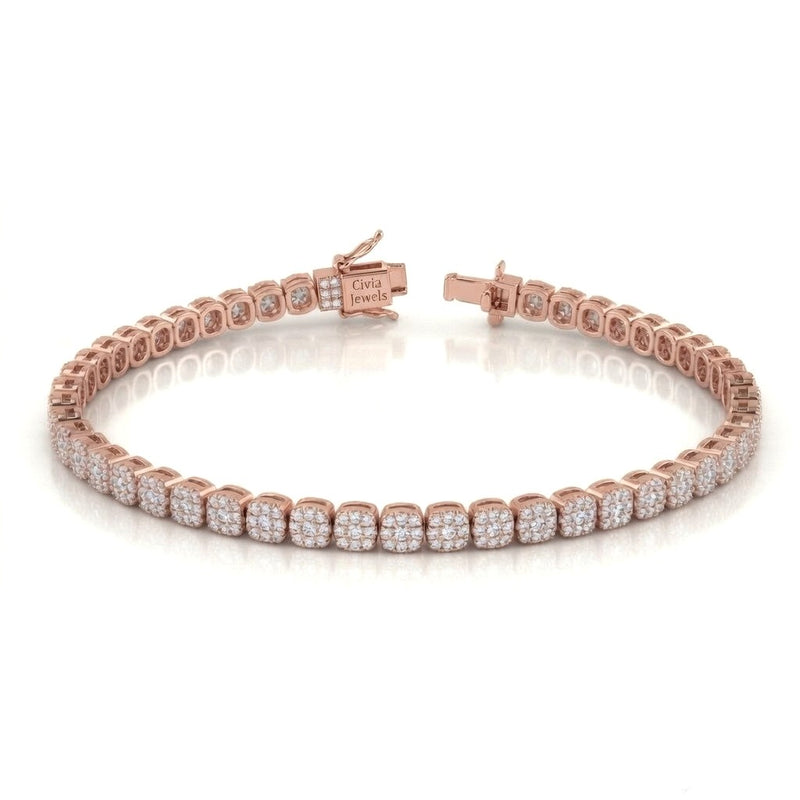 Rose Gold Auricelle Diamond Tennis Bracelet With Cushion Cluster Link Design And Box Clasp Closure
