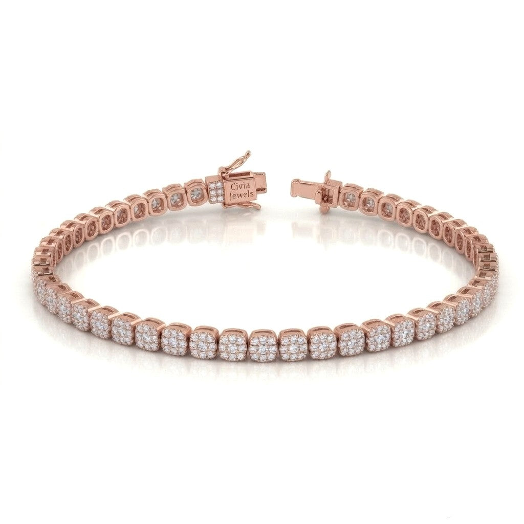 Rose Gold Auricelle Diamond Tennis Bracelet With Cushion Cluster Link Design And Box Clasp Closure